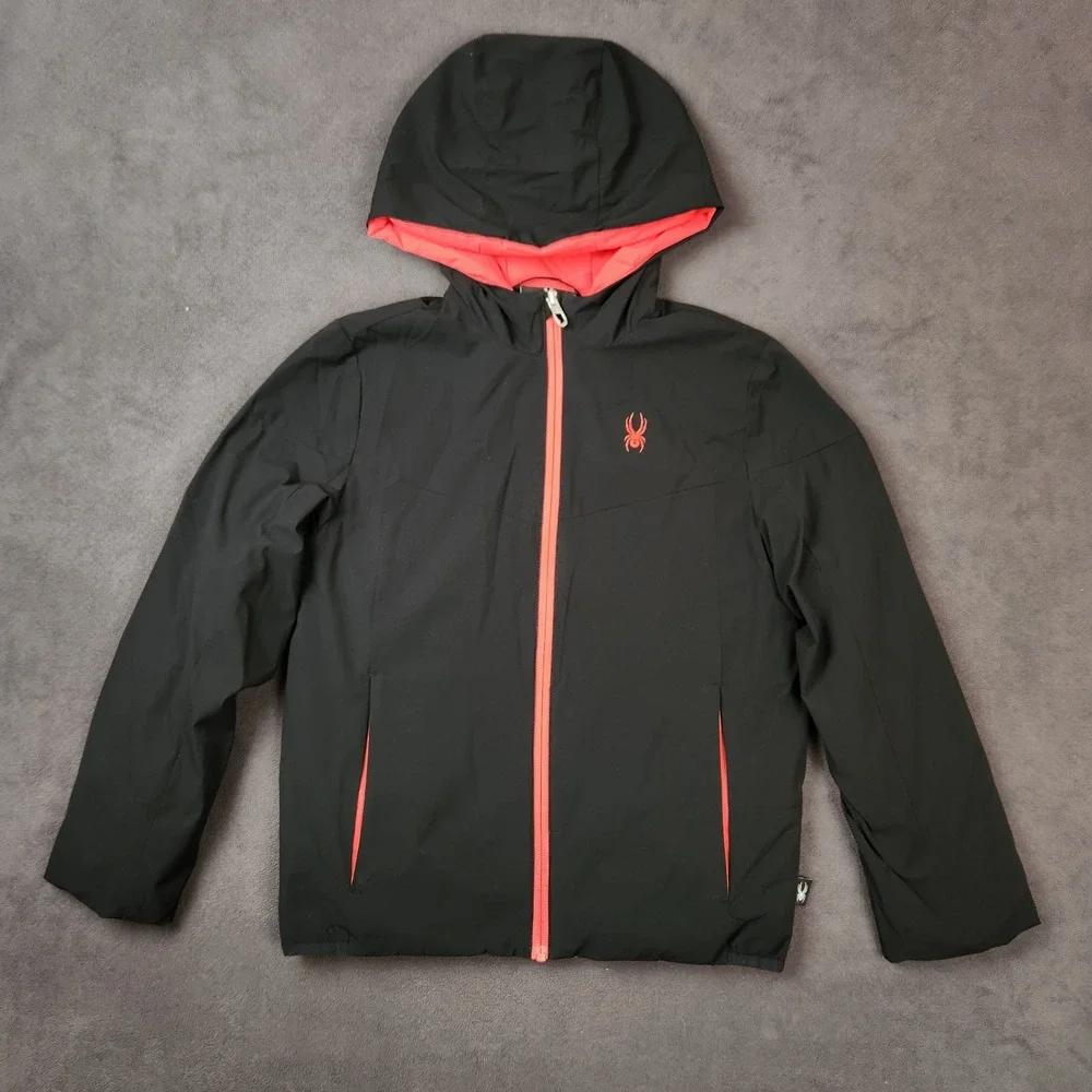 Spyder Superlite Jacket Kids Medium 10/12‎ Black Red Hooded Full Zip Lightweight